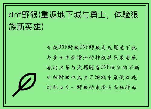 dnf野狼(重返地下城与勇士，体验狼族新英雄)